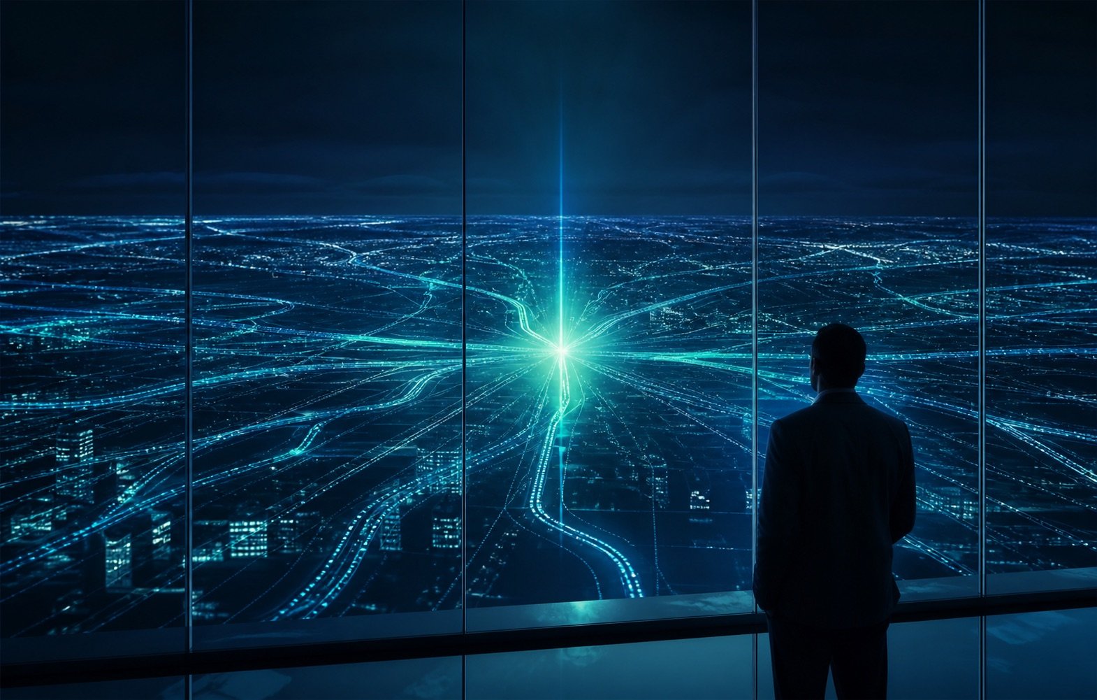 Executive viewing integrated enterprise signals converging into one decision point